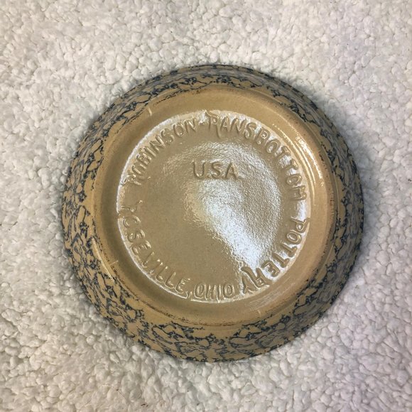 Vtg Robinson Ransbottom Roseville Pottery Blue Spongeware Pie Plate - Picture 2 of 3